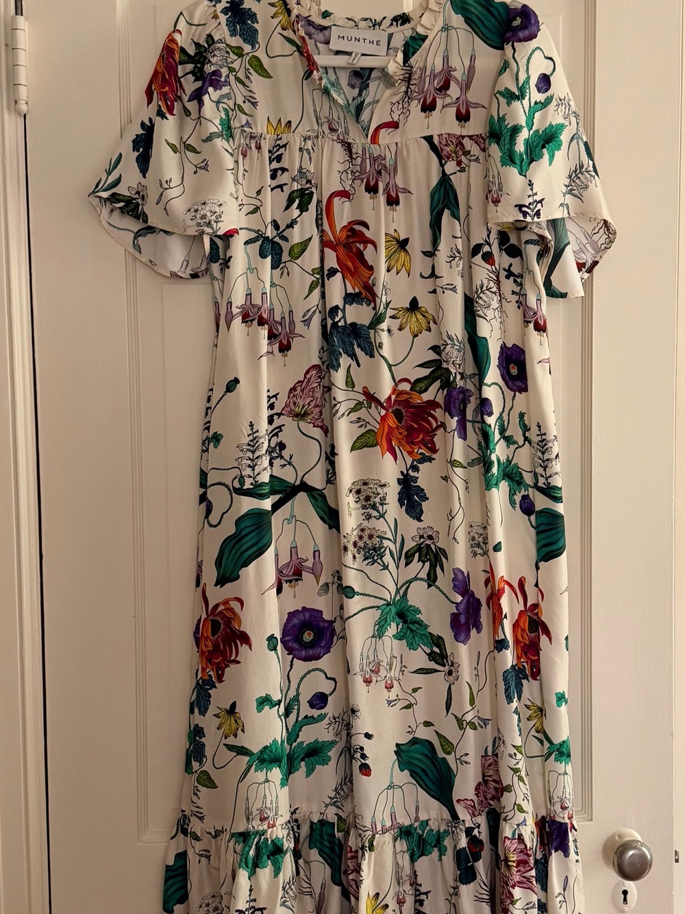 Munthe Cream Floral Midi Dress with Multicolor Bloom Print